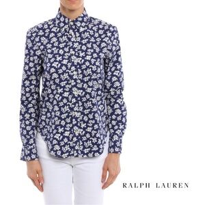 Ralph Lauren Women’s Floral Cotton Button Down Shirt Blue White Preppy 12